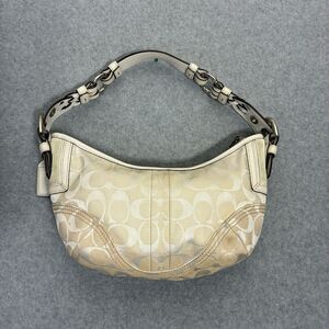 Coach Signature Hobo Shoulder Bag White Beige Canvas Leather Trim Purse
